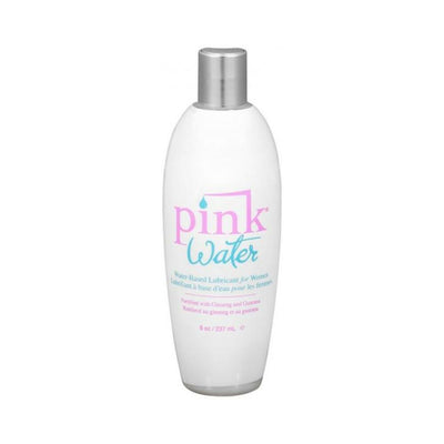 Bottle of Pink Water 8 oz water-based personal lubricant with silver cap and pink and blue label text.