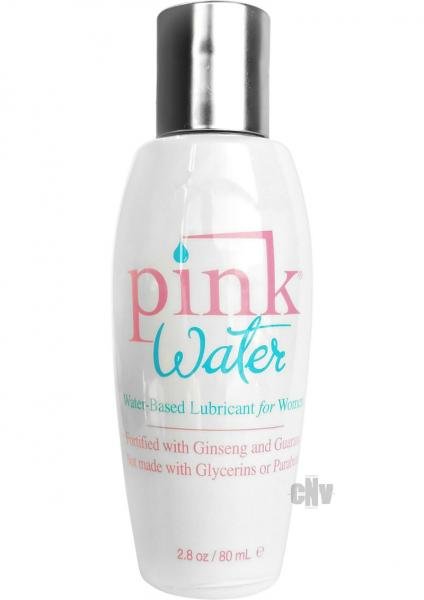2.8oz white bottle of Pink Water water-based lubricant for women with silver cap and blue-pink label text