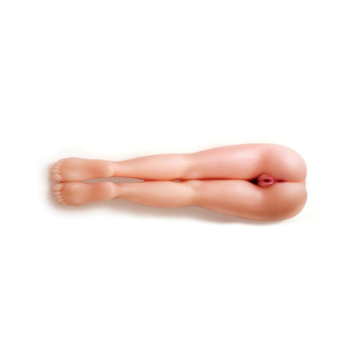 Realistic life-like lower half female mega masturbator with detailed legs and feet in soft flesh tone material.