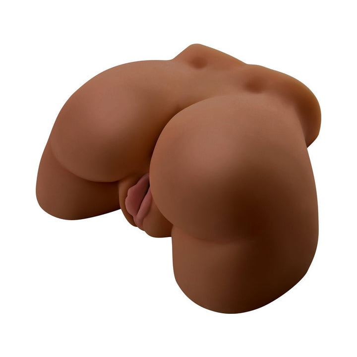 Realistic brown-toned vibrating torso toy with detailed curves and lifelike texture for intimate pleasure.