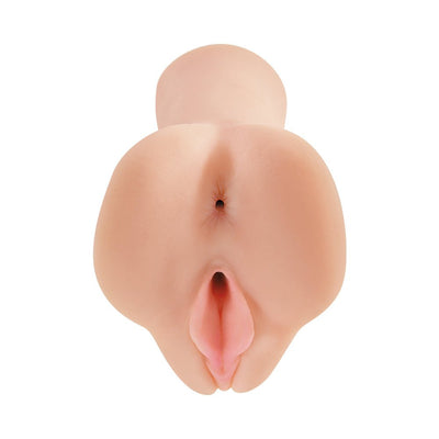 Realistic skin-tone vibrating male masturbator with detailed dual orifices and lifelike texture.