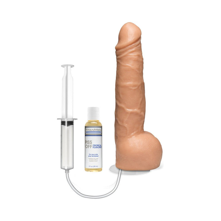 Beige realistic dildo with suction cup, connected syringe, and bottle of tropical-flavored liquid for unique function.