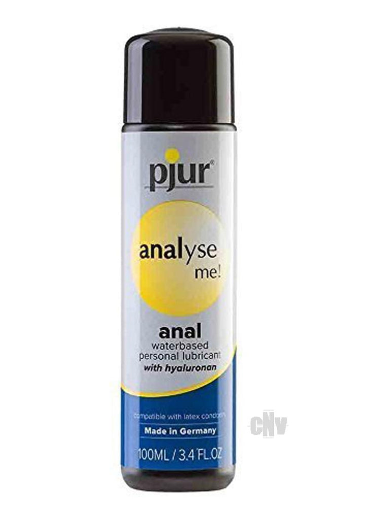 Pjur Analyse Me! 100ml water-based anal lubricant bottle with hyaluronan, designed for comfort and condom compatibility.