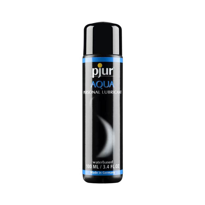 Pjur Aqua water-based personal lubricant bottle 3.4oz with black and blue packaging, made in Germany.