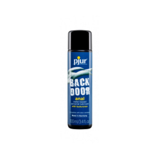 Bottle of Pjur Back Door Comfort Glide water-based anal lubricant 100ml with blue label and black cap.