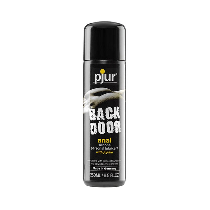 250ml black bottle of Pjur Back Door relaxing anal silicone lubricant with jojoba oil, made in Germany