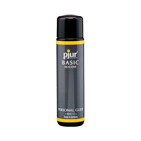 100 ml bottle of Pjur Basic Silicone Personal Lubricant with black and yellow label, made in Germany.
