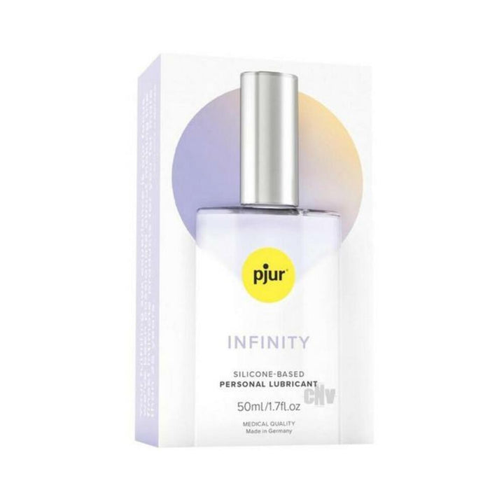 Pjur Infinity silicone-based personal lubricant 1.7 oz bottle with silver cap and packaging box.