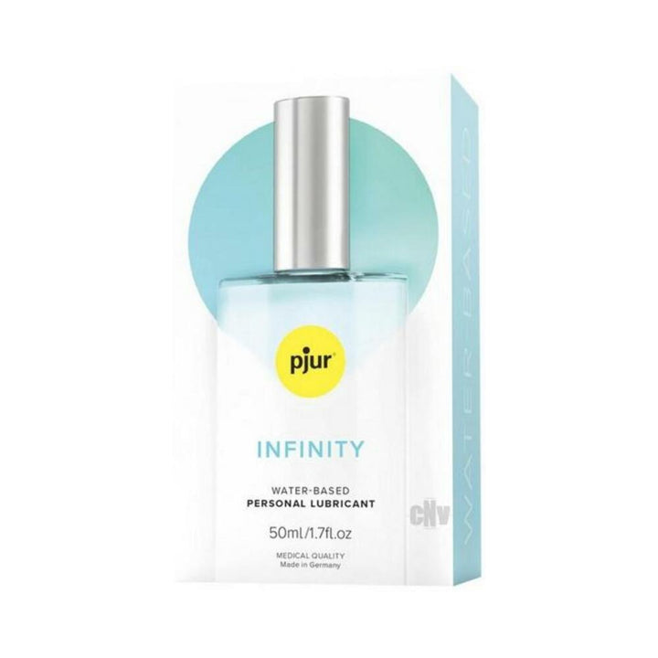 Pjur Infinity water-based personal lubricant 1.7 oz bottle with silver cap and blue packaging background.