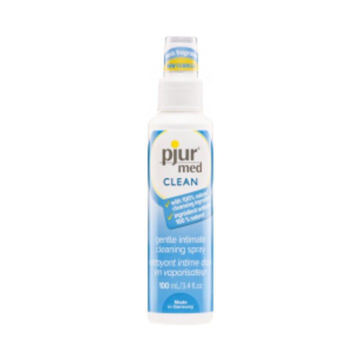 Pjur Med Clean gentle intimate cleaning spray in a white and blue 3.4 fl oz bottle with spray nozzle