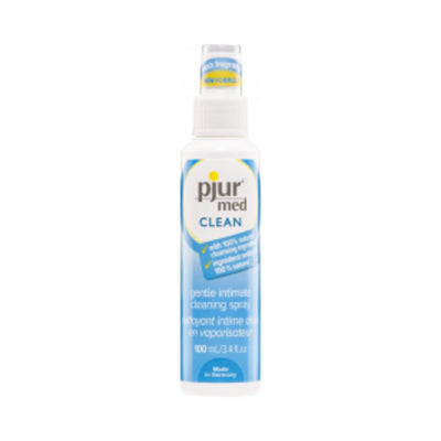 Pjur Med Clean gentle intimate cleaning spray in a white and blue 3.4 fl oz bottle with spray nozzle