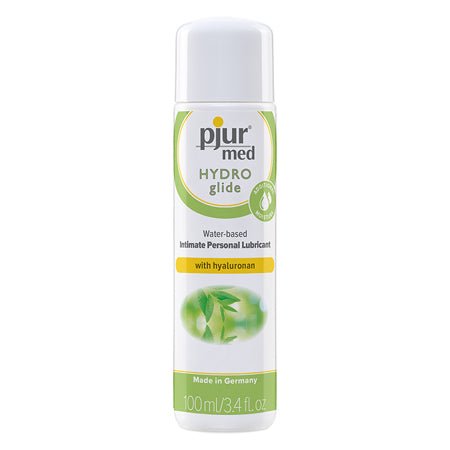 Pjur Med Hydro Glide water-based personal lubricant bottle with hyaluronan, 100ml size, made in Germany.