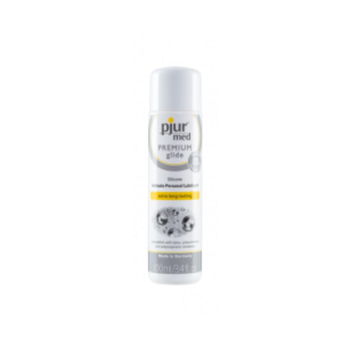 Pjur Med Premium Silicone Glide 3.4oz bottle with white cap and yellow accents on label