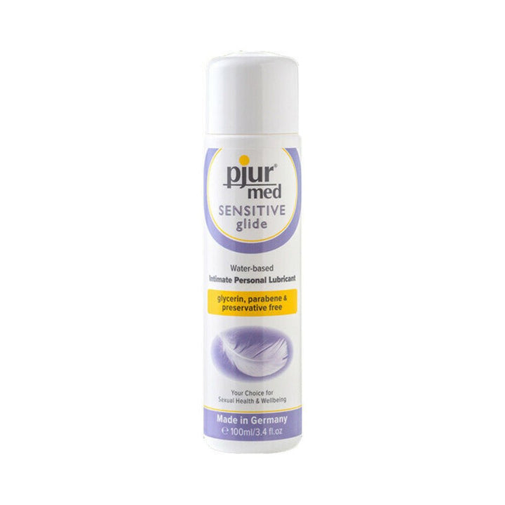 Pjur Med Sensitive Glide 3.4oz water-based personal lubricant bottle with gentle formula, glycerin and paraben free, made in Germany.
