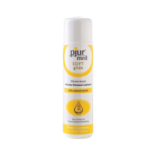 Pjur Med Soft Glide silicone-based personal lubricant with natural jojoba in a 100ml white and yellow bottle.