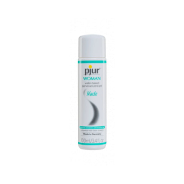 Pjur Woman Nude water-based personal lubricant bottle 100ml with white and teal packaging on white background
