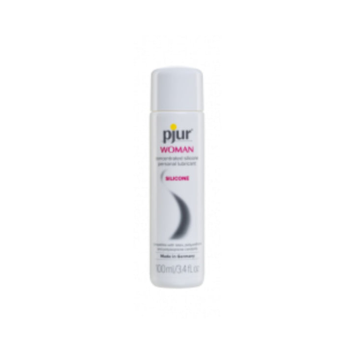 Pjur Woman Silicone Lubricant 100ml white bottle with pink and black text and gray design on white background
