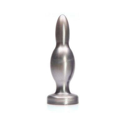 Silver metallic tapered training plug with a rounded tip and flared base for comfortable use.