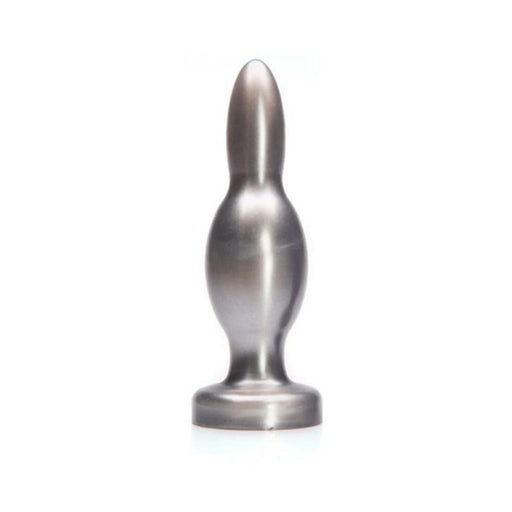 Silver metallic tapered training plug with a rounded tip and flared base for comfortable use.