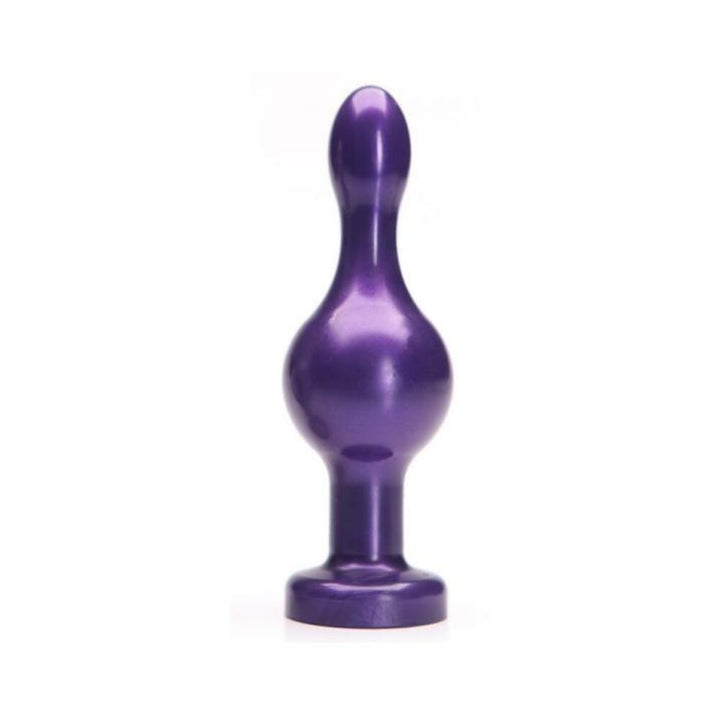 Purple joystick-shaped adult toy with a rounded orb center and tapered tip on a flat base.