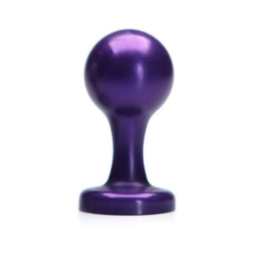 Midnight purple smooth orb-shaped adult toy with a rounded head and flared base on white background