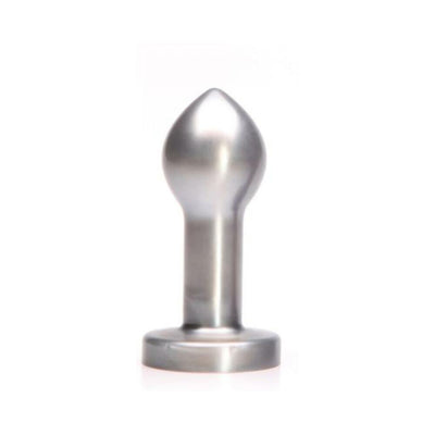 Silver-colored smooth silicone butt plug with tapered tip and wide base on white background