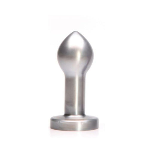 Silver-colored smooth silicone butt plug with tapered tip and wide base on white background