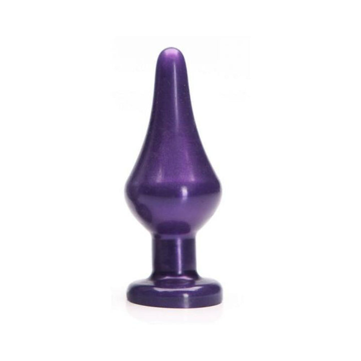 Purple tapered silicone plug with a flared base designed for comfortable extended wear.