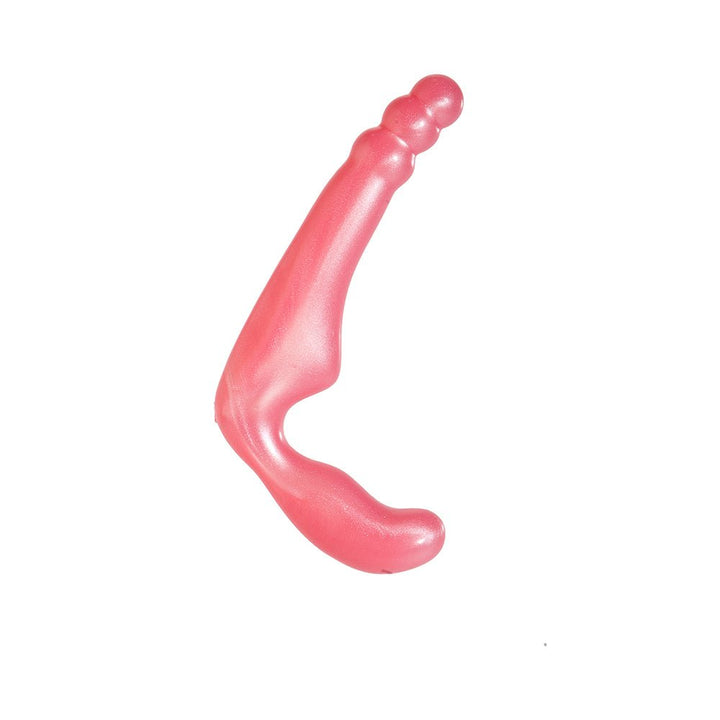 Pink curved silicone strapless strap-on with textured beads and ergonomic design for comfort and stimulation.