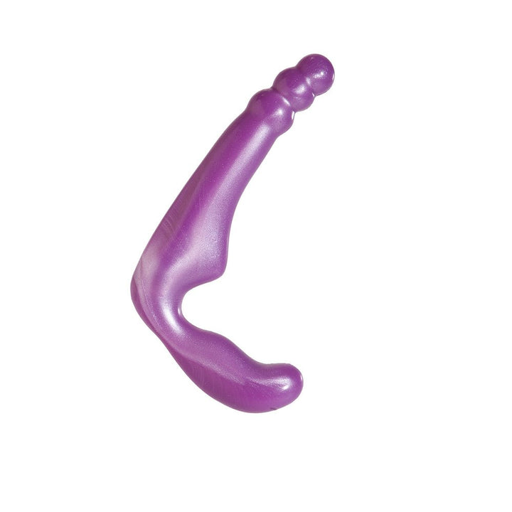 Purple platinum silicone strapless strap-on with textured tip and curved base for dual stimulation.