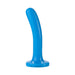 Blue slim curved silicone dildo with flared base standing upright on white background.