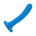Blue curved slim silicone dildo with a flared base, designed for versatile and comfortable use.