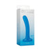 Blue slim silicone dildo with curved tip shown on white and blue gradient packaging box.