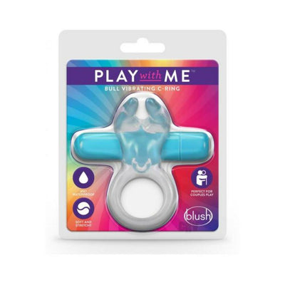 Blush Play With Me Bull Vibrating C-Ring in clear and blue packaging with waterproof and stretchy features highlighted.
