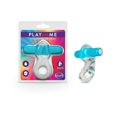 Blue Play With Me Delight vibrating C-ring displayed in packaging and separately on white background.