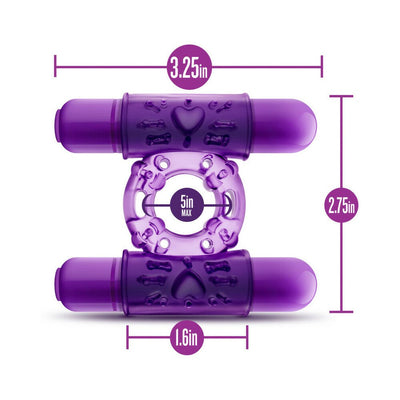 Purple dual vibrating cock ring with heart details, showing dimensions 3.25 x 2.75 inches and 5-inch max stretch.