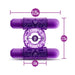 Purple dual vibrating cock ring with heart details, showing dimensions 3.25 x 2.75 inches and 5-inch max stretch.