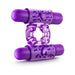 Purple dual vibrating cock ring with textured surface and two bullet vibrators for enhanced pleasure.