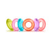 Set of six colorful translucent rings in green, pink, blue, orange, purple, and red arranged in a row on a white background.