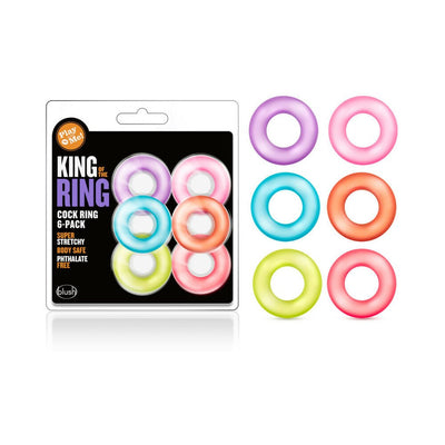 Six-pack of colorful stretchy silicone rings with packaging labeled King of the Ring by Play With Me