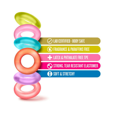 Colorful soft and stretchy rings with labels highlighting body-safe, fragrance-free, latex-free, tear-resistant elastomer features.