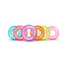 Six colorful translucent silicone rings in blue, red, purple, orange, green, and pink arranged in a row on white background.
