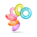 Colorful translucent rubber rings in pink, yellow, blue, red, orange, and purple floating on white background.