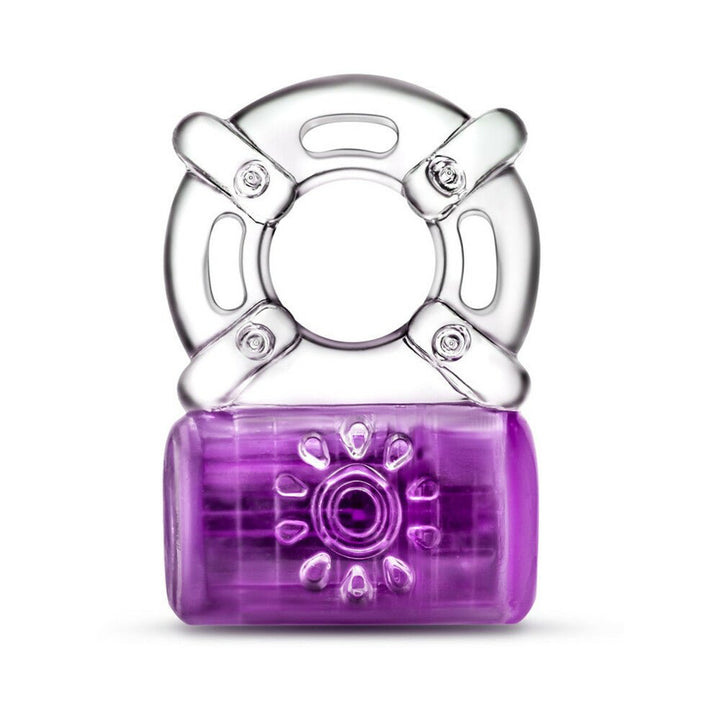 Transparent vibrating C-ring with a purple battery compartment designed for enhanced pleasure and comfort.