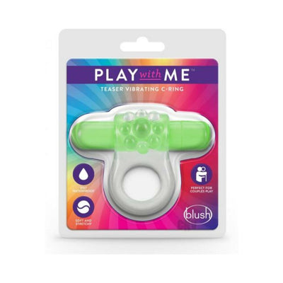 Blush Play with Me Teaser Vibrating C-Ring in green and clear packaging with waterproof and stretchy features highlighted.