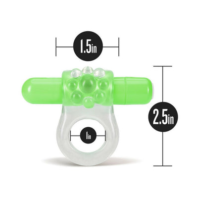 Clear and green vibrating C-ring with textured front and size measurements displayed on a white background.