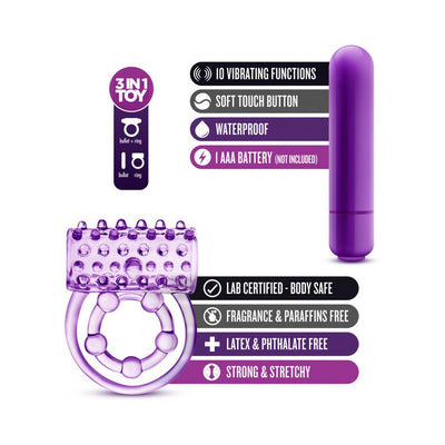Purple vibrating double strap cock ring with detachable bullet vibrator and key product features listed.
