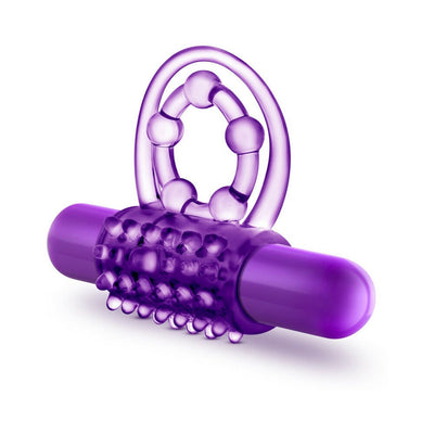 Purple vibrating double strap cockring with textured sleeve and detachable bullet vibrator.