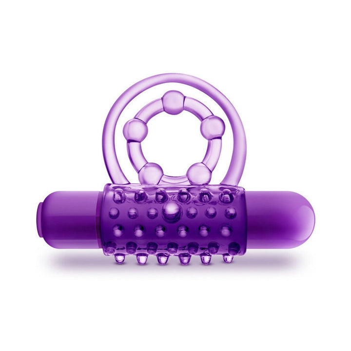 Purple double strap vibrating cockring with textured sleeve and detachable bullet vibrator.