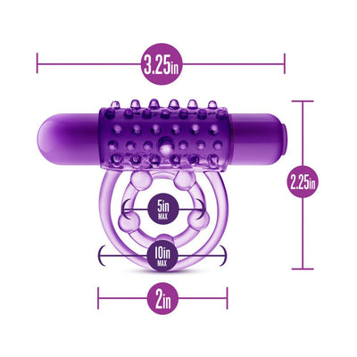 Purple vibrating double strap cockring with textured sleeve and size measurements shown.